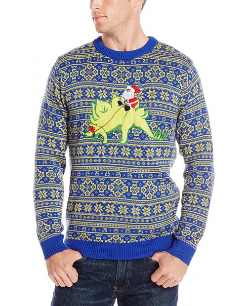 Alex Stevens Men's Stegosaurus Santa Ride Ugly Christmas Sweater Green Combo Large at Men’s Clothing store