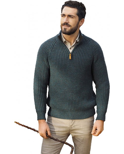 Aran Crafts Men's Fisherman Knit Ribbed Half Zipped Sweater 100% Merino Wool at  Men’s Clothing store