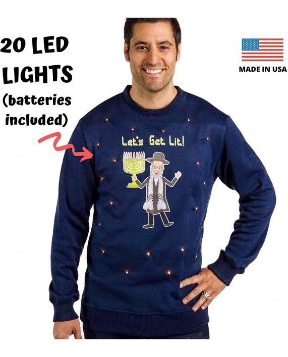 Mens Hanukkah Sweater Let's Get Lit Light Up Ugly Hanukkah Sweater Hanukkah Sweater with Lights at Men’s Clothing store