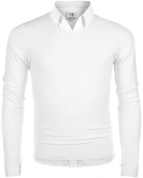 MOCOTONO Men's Long Sleeve Crew Neck Pullover Knit Sweater White Large New at  Men’s Clothing store
