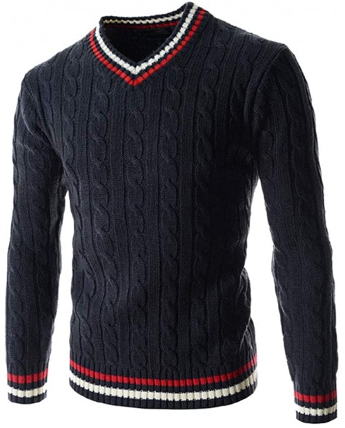 SEAWEED Men's Cable Ribbed Contrast Trim V Neck Casual Knitwear Sweater at  Men’s Clothing store
