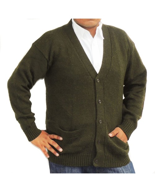 Alpaca Cardigan Golf Sweater Jersey V Neck Buttons and Pockets Made in Peru Militar Green at  Men’s Clothing store