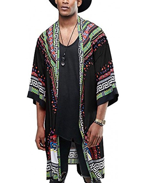 COOFANDY Mens African Dashiki Print Ruffle Shawl Collar Cardigan Lightweight Long Length Drape Cape at Men’s Clothing store