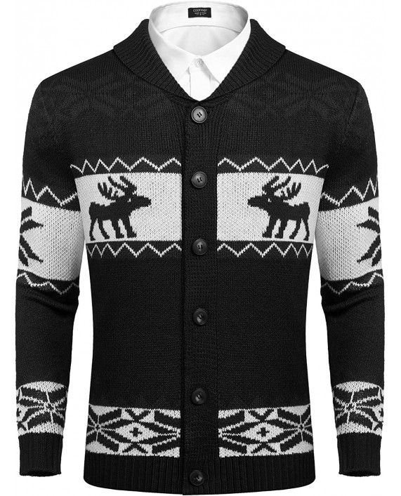 COOFANDY Mens Christmas Reindeer Snowflake Cardigan Sweater Shawl Collar Knitted Cardigans Button Down Knitwear at Men’s Clothing store