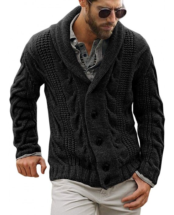 Gafeng Mens Shawl Collar Cable Rib Knitted Button Closure Casual Winter Chunky Thermal Long Sleeve Solid Cardigan Sweater at Men’s Clothing store