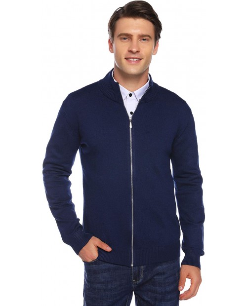Hawiton Men's Knit Full Zip Cardigan Sweaters Slim Fit Stand Collar Dark Blue at Men’s Clothing store
