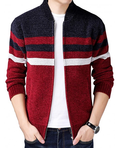 HOW'ON Men's Casual Wide Stripes Zipper Knitted Cardigan Sweater at  Men’s Clothing store