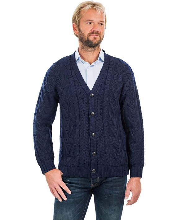 SAOL 100% Merino Wool Men's Aran Cable Knit V Neck Casual Irish Cardigan with Buttons and Pockets at Men’s Clothing store