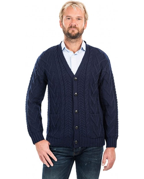 SAOL 100% Merino Wool Men's Aran Cable Knit V Neck Casual Irish Cardigan with Buttons and Pockets at  Men’s Clothing store