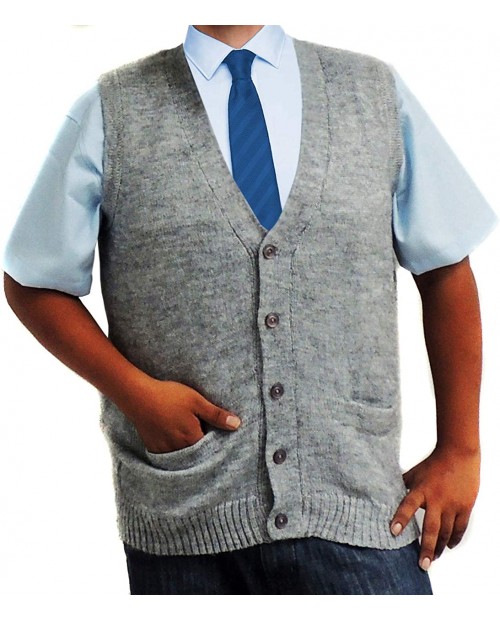 Vest alpaca and blend V neck buttons JERSEY made in PERU buttons and Pockets SILVER GREY at  Men’s Clothing store