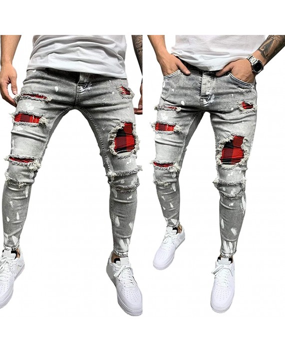 Mekysd Men’s Slim Fit Skinny Ripped Distressed Jeans White Paint Dot Stretch Stripe Trim Denim Pants at Men’s Clothing store