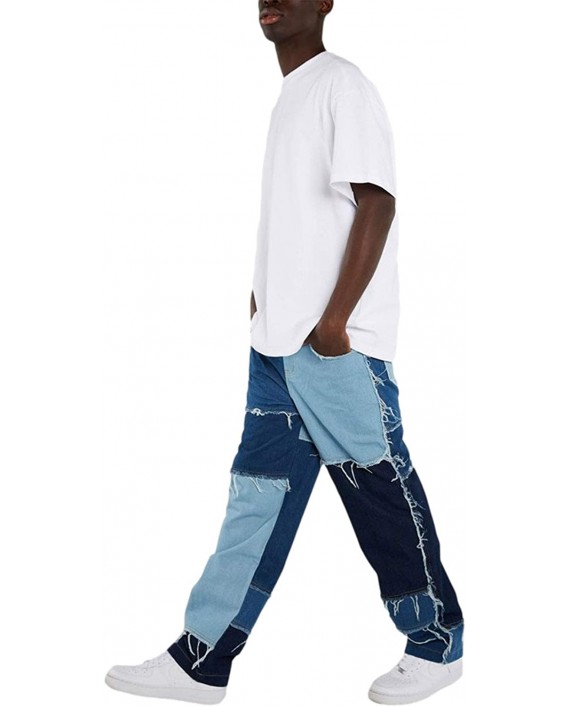 Men's Patchwork Jeans Trendy Distressed Straight Denim Pants Hip Hop Pants Frayed Denim Skate Jeans with Cargo Pockets at Men’s Clothing store