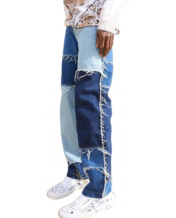 Men's Patchwork Jeans Trendy Distressed Straight Denim Pants Hip Hop Pants Frayed Denim Skate Jeans with Cargo Pockets at Men’s Clothing store