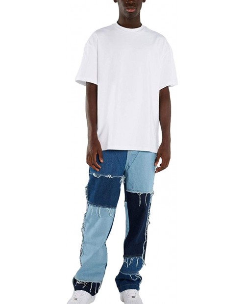 Men's Patchwork Jeans Trendy Distressed Straight Denim Pants Hip Hop Pants Frayed Denim Skate Jeans with Cargo Pockets at  Men’s Clothing store