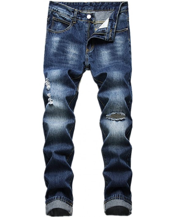 Men's Ripped Distressed Slim Fit Straight Destroyed Fashion Washed Denim Jeans Pants at Men’s Clothing store