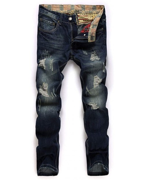 utcoco Men's Casual Mid Waist Pant Destroyed Ripped Straight Leg Distressed Blue Denim Jeans at  Men’s Clothing store
