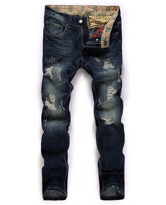 utcoco Men's Casual Mid Waist Pant Destroyed Ripped Straight Leg Distressed Blue Denim Jeans at Men’s Clothing store