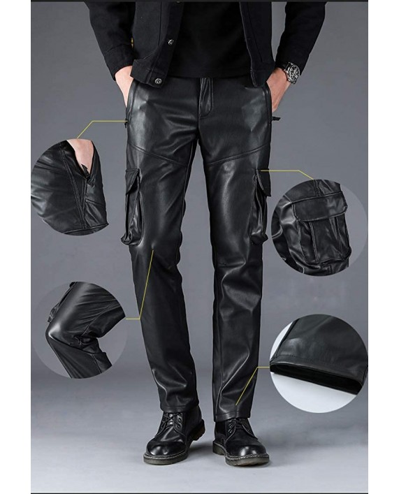 Idopy Men`s Multi Pockets Motorcycle Workwear PU Faux Leather Cargo Pants at Men’s Clothing store