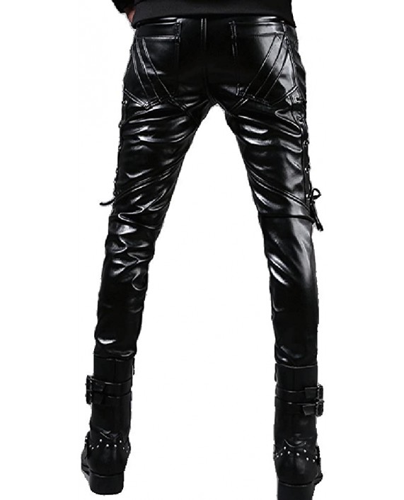 Idopy Men`s Rock Steampunk Lace Up PU Leather Pants Slim Fit at Men’s Clothing store