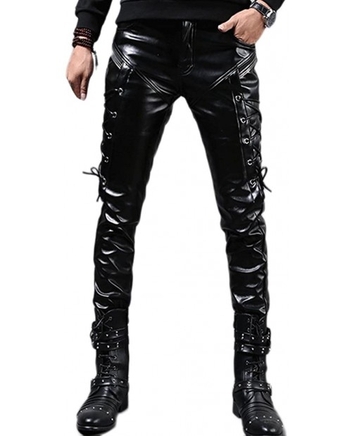 Idopy Men`s Rock Steampunk Lace Up PU Leather Pants Slim Fit at  Men’s Clothing store