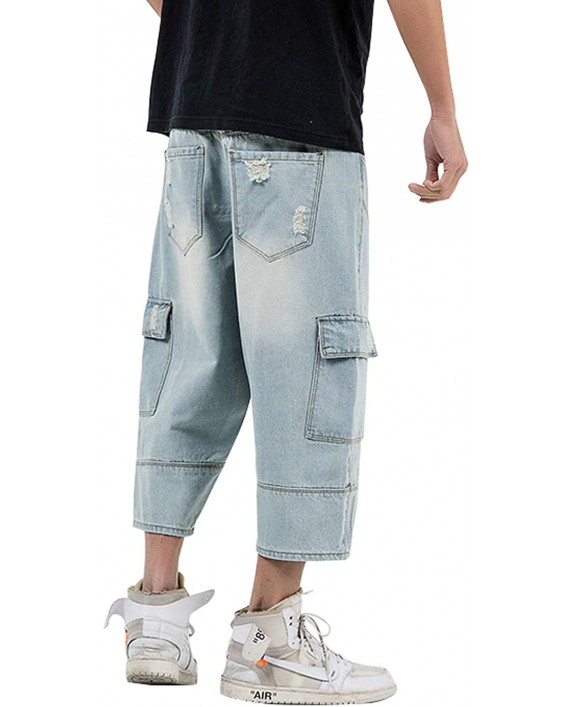 chouyatou Men's Loose-Fit Ripped Hole Harem Capri Jeans Baggy Denim Cargo Shorts at Men’s Clothing store