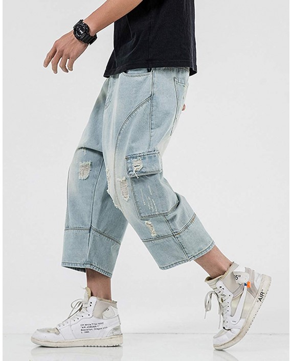 chouyatou Men's Loose-Fit Ripped Hole Harem Capri Jeans Baggy Denim Cargo Shorts at Men’s Clothing store