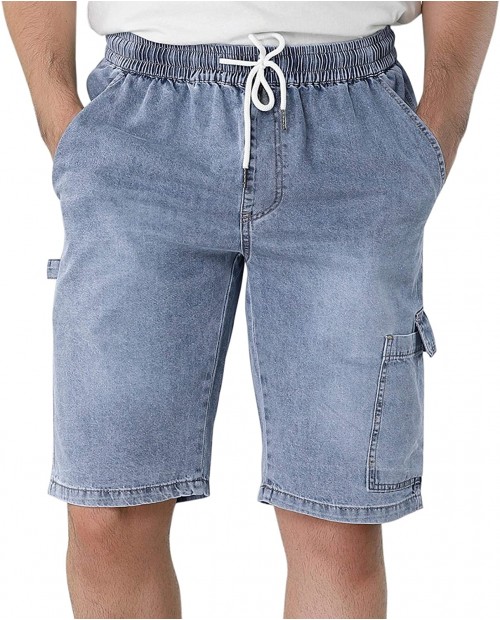Lars Amadeus Men's Denim Shorts Regular Fit Drawstring Elastic Waist Cargo Jeans Pants at Men’s Clothing store