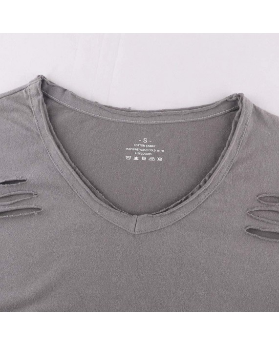 Men's Vintage Washed Cotton Tee Shirts with Destroyed Holes Short Sleeve V-Neck Slim Fit |