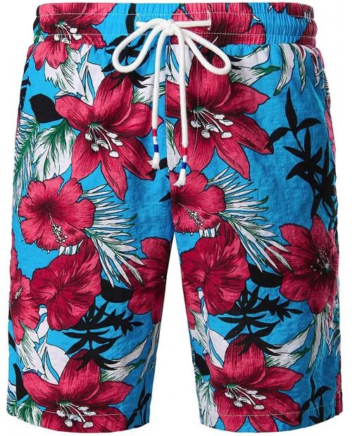 JOGAL Men's Flower Flat Front Casual Aloha Hawaiian Shorts at Men’s Clothing store