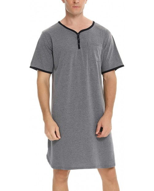 Sykooria Men's Nightgown Short Sleeve Henley Kaftan Knee Length Sleep Shirt Comfy Plaid Nightshirt with Pocket at Men’s Clothing store