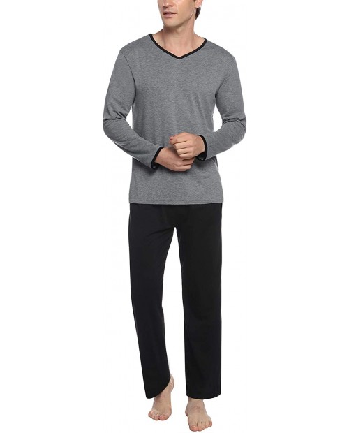 Abollria Men's Cotton Pajama Sets Long Sleeve Tops and Pajama Bottoms with Pockets V Neck Sleepwear at Men’s Clothing store
