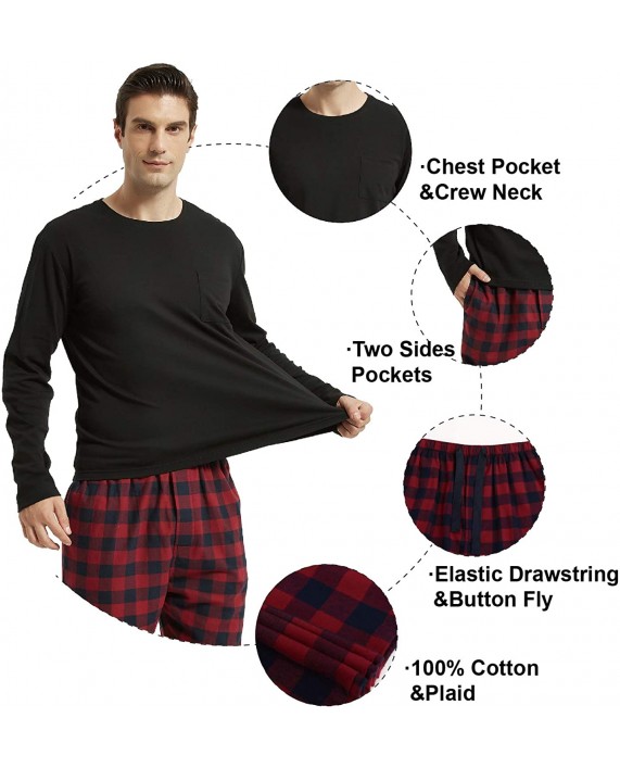 Amaxer Men's 100% Cotton Pajama Set Plaid Pants Crewneck Top Long Sleeve Pjs Soft Warm Lounge Set 2 Pcs Great Gift at Men’s Clothing store