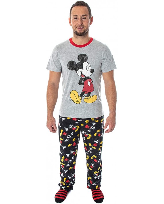Disney Mickey Mouse Men's 3 Piece Pajama Set - Fleece Pajama Pants Shirt and Cozy Socks at Men’s Clothing store