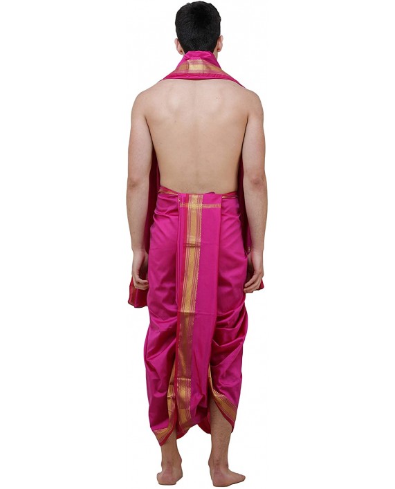 Exotic India Dhoti and Angavastram Set with Wide Golden Border Ready to Wear - Color Deep Orchid