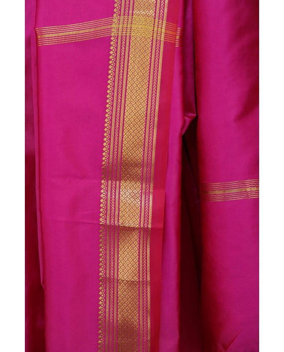Exotic India Dhoti and Angavastram Set with Wide Golden Border Ready to Wear - Color Deep Orchid
