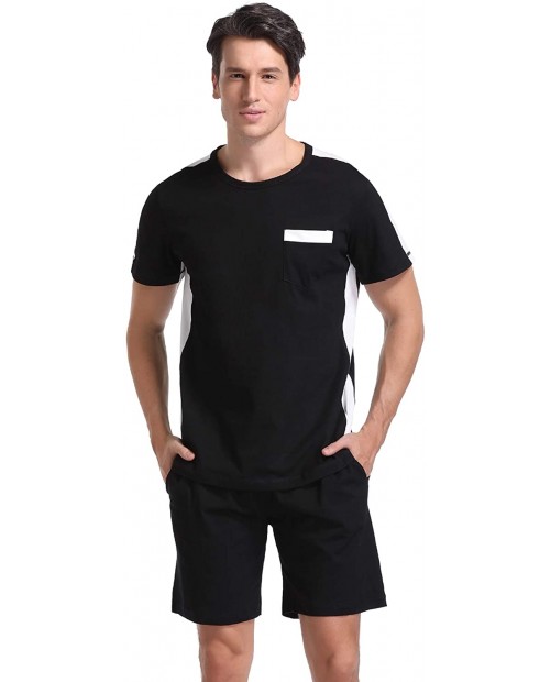 Hawiton Men's Cotton Short Sleeve Contrast Tops and Shorts Pajamas Set Crew Neck Lounge Black