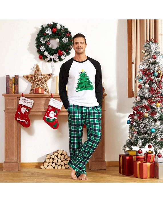 IFFEI Matching Family Pajamas Sets Christmas PJ's Holiday Christmas Tree Printed Sleepwear with Plaid Bottom