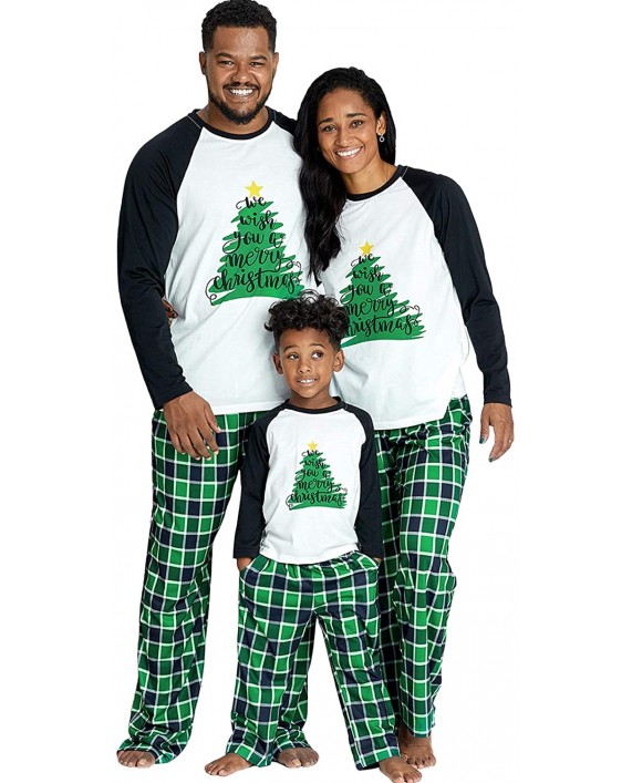 IFFEI Matching Family Pajamas Sets Christmas PJ's Holiday Christmas Tree Printed Sleepwear with Plaid Bottom