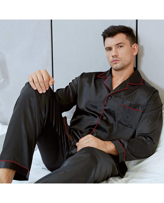 Lonxu Mens Satin Long Button-Down Pajamas Set S~4XL at Men’s Clothing store