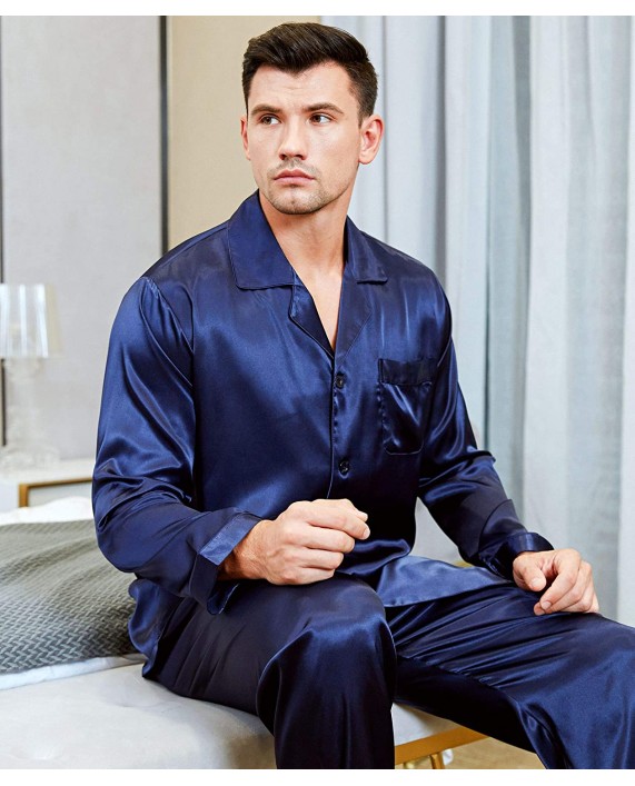Lonxu Mens Satin Long Button-Down Pajamas Set S M L XL 2XL 3XL 4XL at Men’s Clothing store