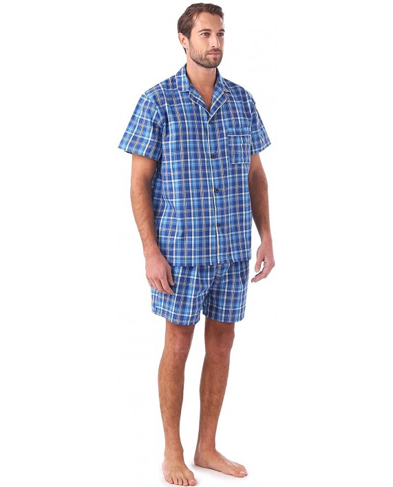 Men's Cotton Summer Pajamas Set Plaid Short Sleeve Knee-Length Sleepwear with Pocket Blue