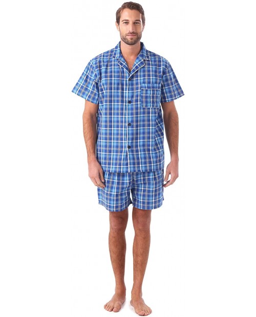 Men's Cotton Summer Pajamas Set Plaid Short Sleeve Knee-Length Sleepwear with Pocket Blue
