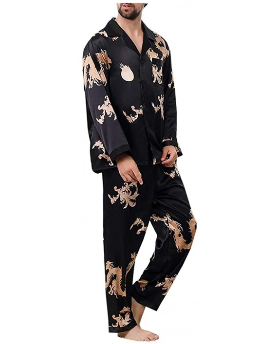 Mens Satin Pajamas Set Classic Silky Sleepwear Button-Down Dragon Home Loungewear at Men’s Clothing store