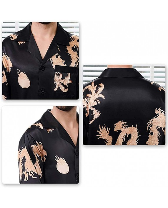 Mens Satin Pajamas Set Classic Silky Sleepwear Button-Down Dragon Home Loungewear at Men’s Clothing store