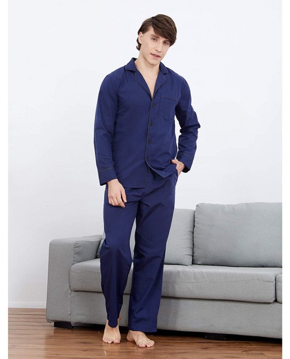 PIZZ ANNU Mens Plain-Weave Pajama Set Long Sleeve Lightweight Cotton Sleepwear Loungewear at Men’s Clothing store