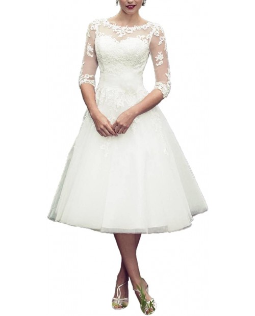 Abaowedding Long Sleeves Lace Short Tea Length Wedding Dress Gown at  Women’s Clothing store