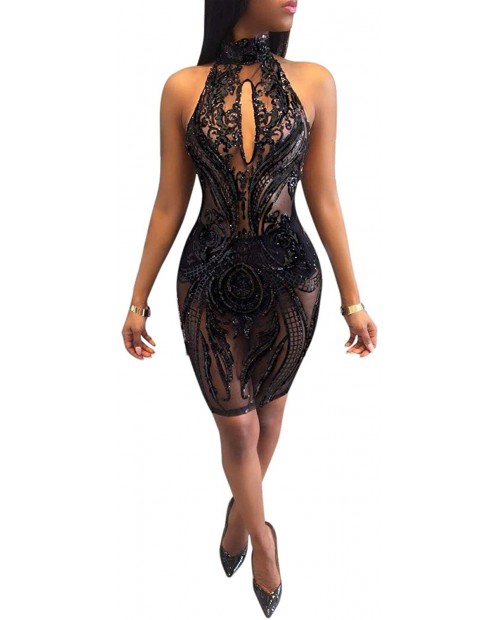acelyn Women's Sexy Halter Backless See Through Sequins Floral Club Bodycon Mini Dress