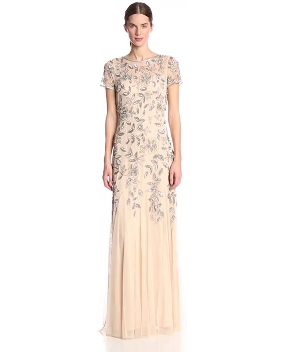 Adrianna Papell Women's Floral Beaded Godet Gown with Sheer Short Sleeves