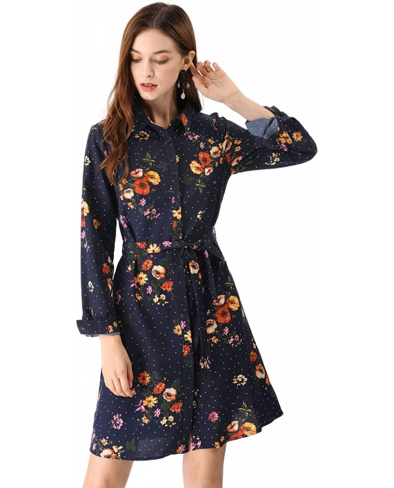 Allegra K Women's Floral Button Down Vintage Polka Dots Dresses Collar Tie Belted Shirt Dress at Women’s Clothing store