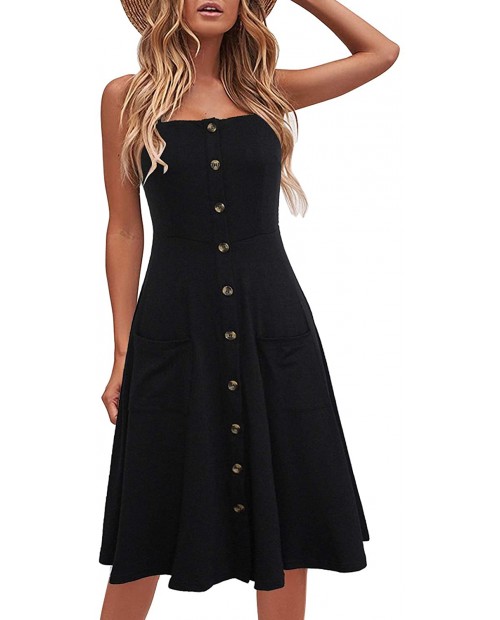 Berydress Women's Summer Casual Beach Dresses Flattering A-line Spaghetti Strap Button Down Black Midi Dresses at  Women’s Clothing store
